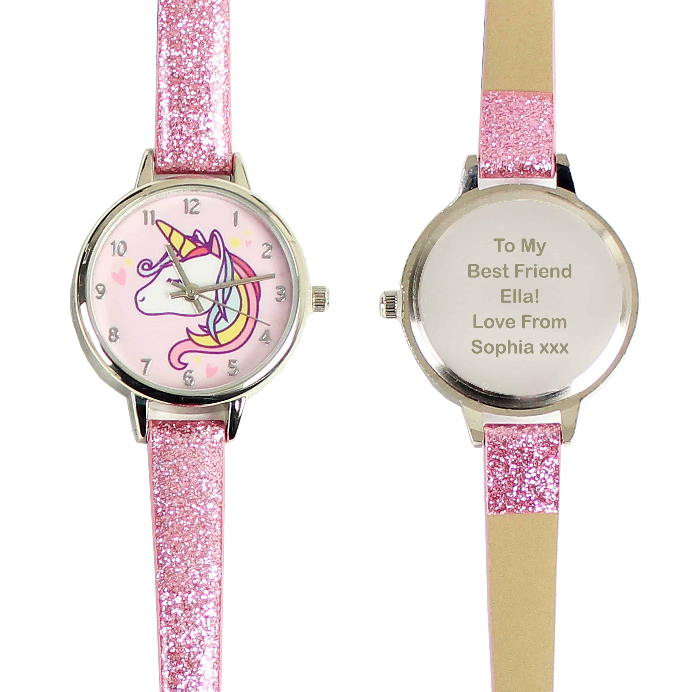 Personalised Unicorn with Pink Glitter Strap Watch