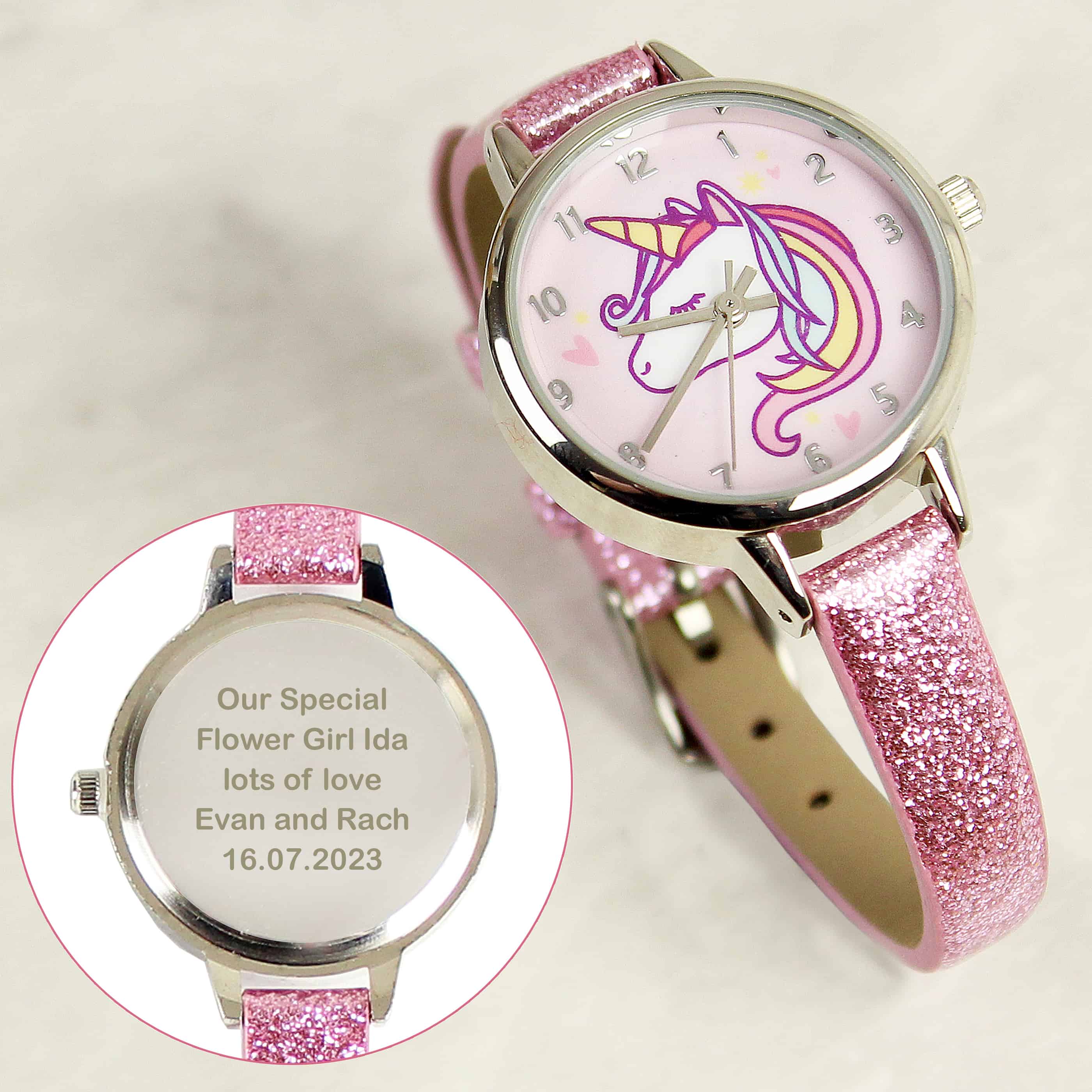 Personalised Unicorn with Pink Glitter Strap Watch