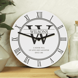 personalised white family clock with initial, surname and message.