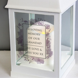 personalised white memorial lantern showing the personalisation on the front of it