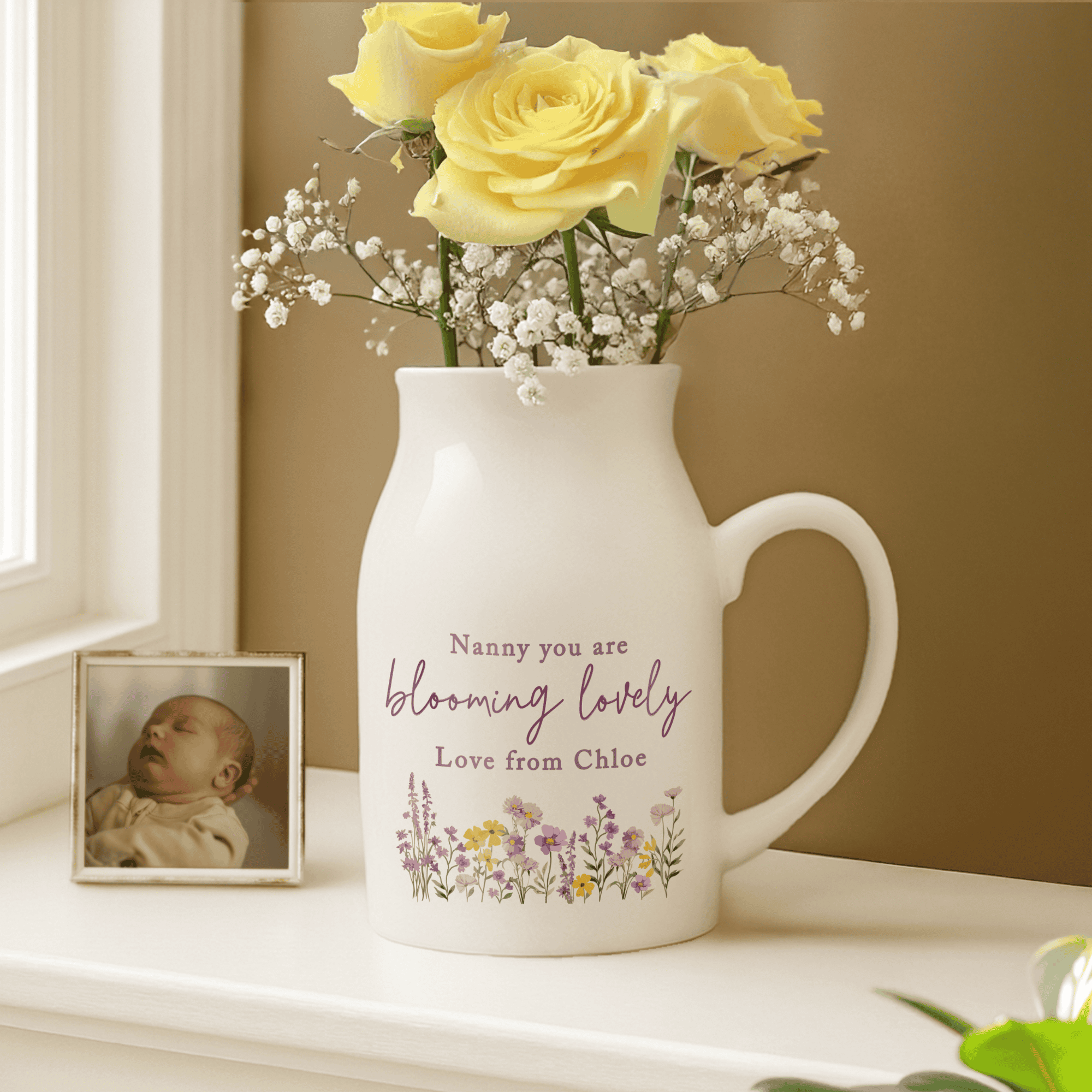 ceramic wild flowers personalised floral jug with any message over 3 lines which will appear about the design