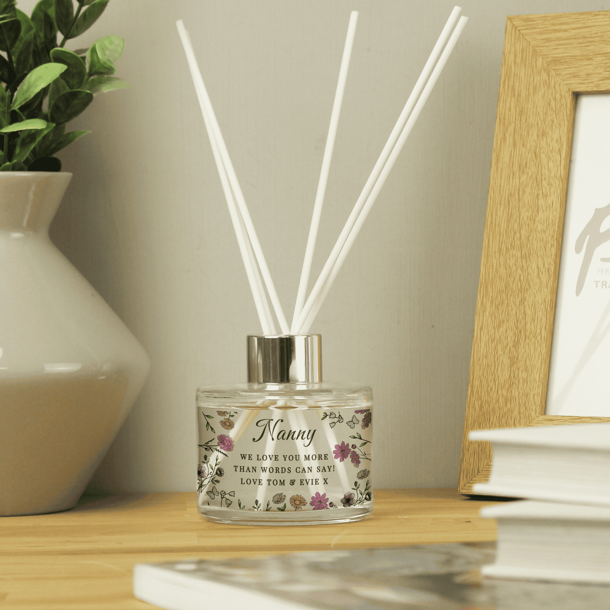 personalised wild flowers reed diffuser with any name and message over 3 lines added to the front