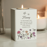 tealight holder with a wild flowers design personalised with a name in larger font and any message over 6 lines