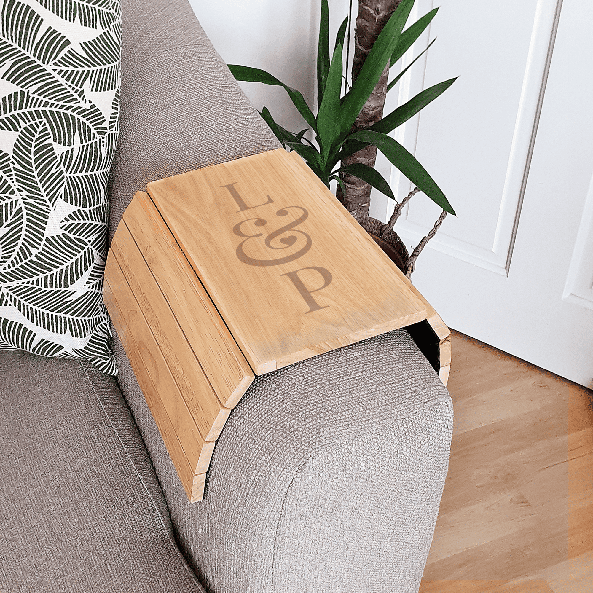 personalised wooden sofa tray engraved with 2 initials