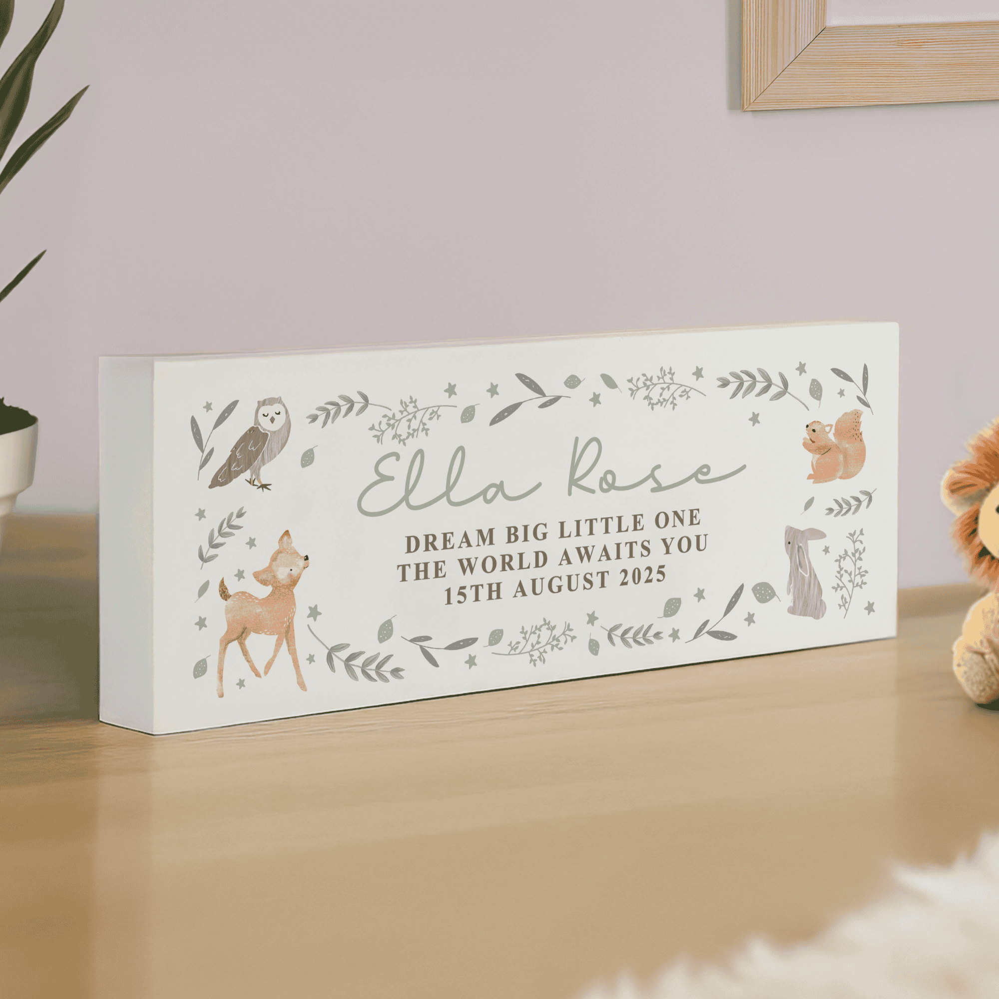 personalised wooden animal mantle block personalised with a name and any message over 3 lines