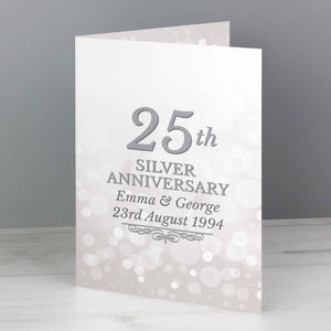 personalised silver wedding anniversary card. Can be personalised on the front over 2 lines and with a message inside.