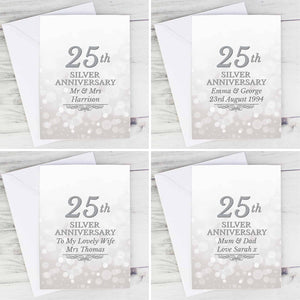 personalised silver wedding anniversary card. Can be personalised on the front over 2 lines and with a message inside.