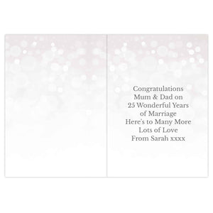 personalised silver wedding anniversary card. Can be personalised on the front over 2 lines and with a message inside.