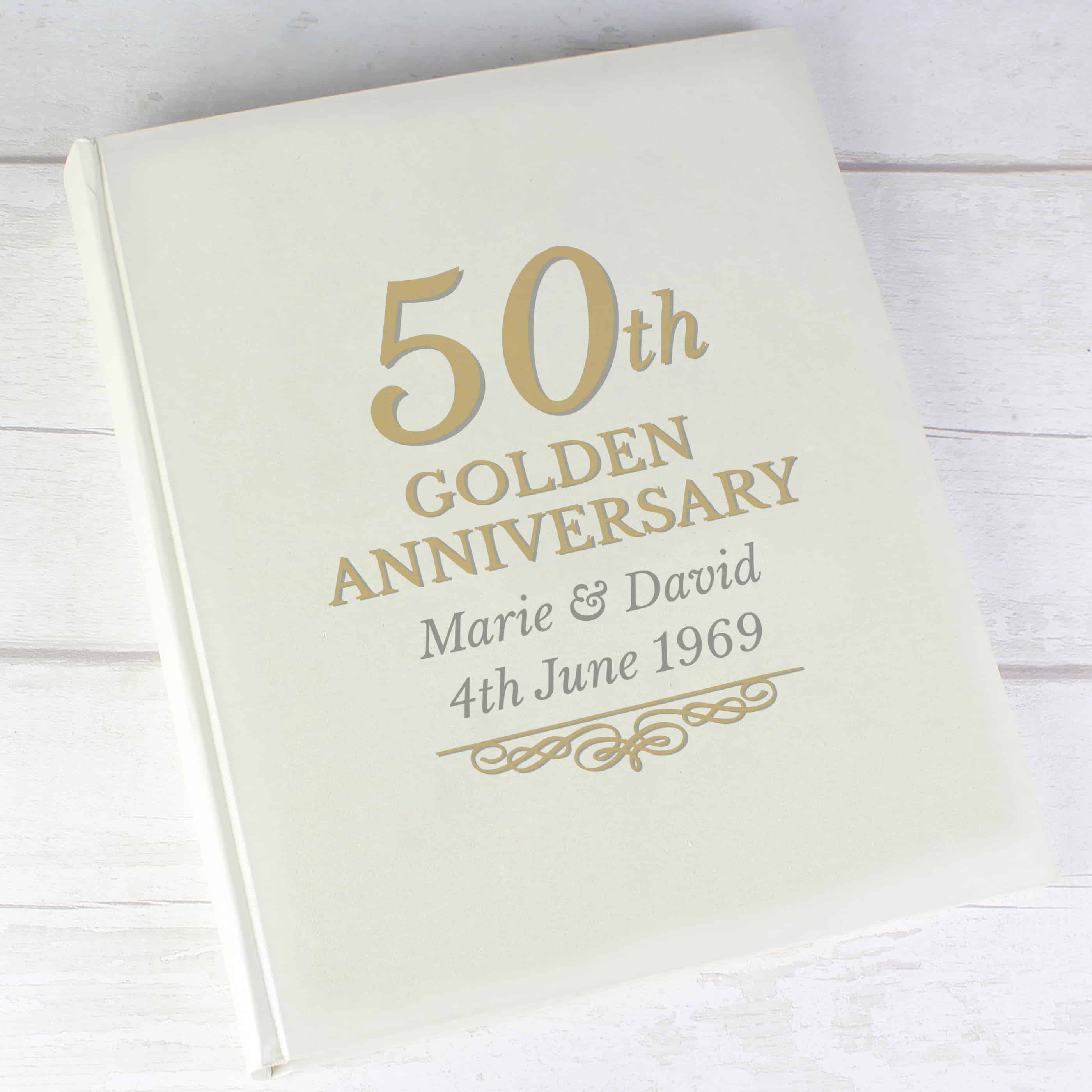50th wedding anniversary personalised photo album. gold writing on the front and can be personalised over 2 lines. 