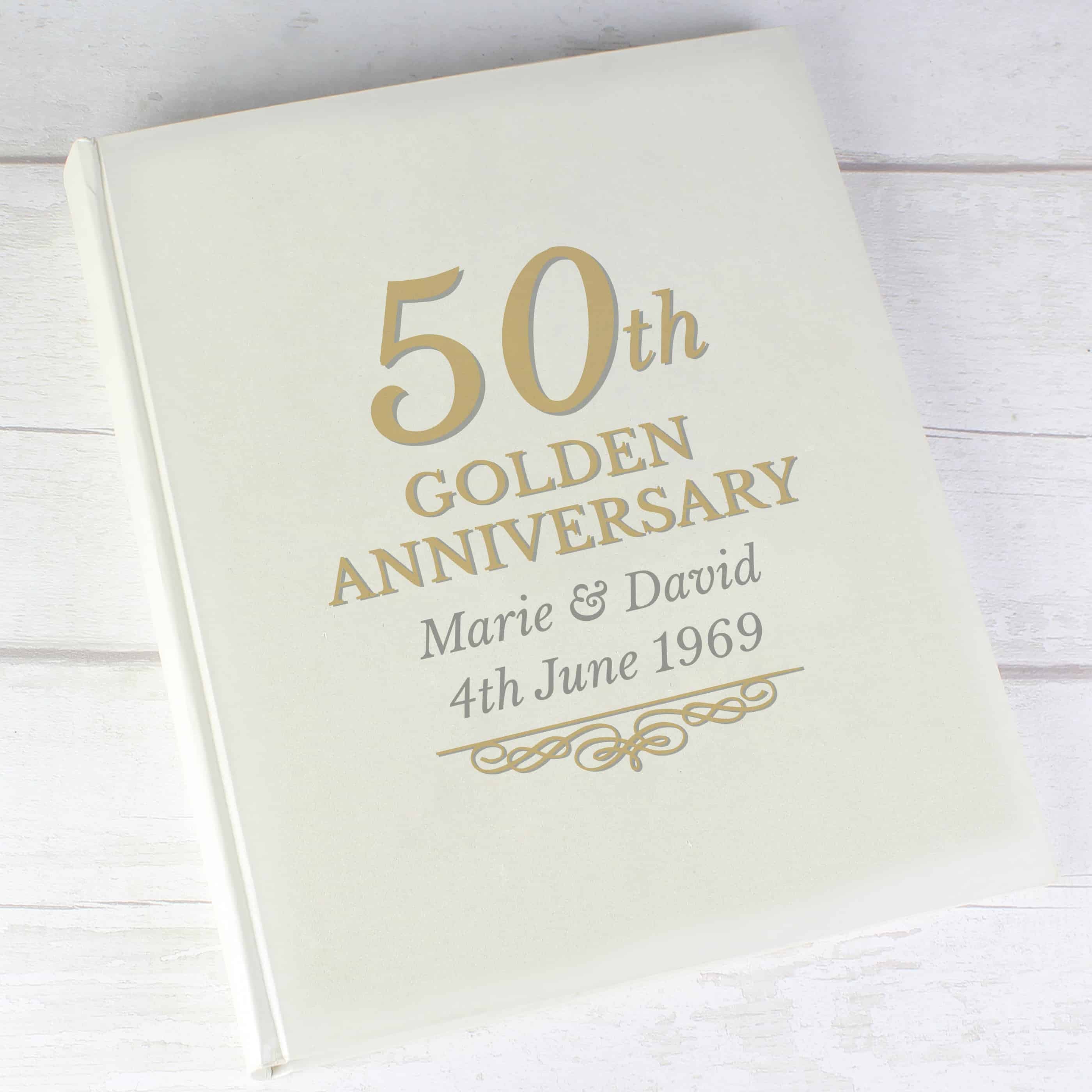 50th wedding anniversary personalised photo album. gold writing on the front and can be personalised over 2 lines. 