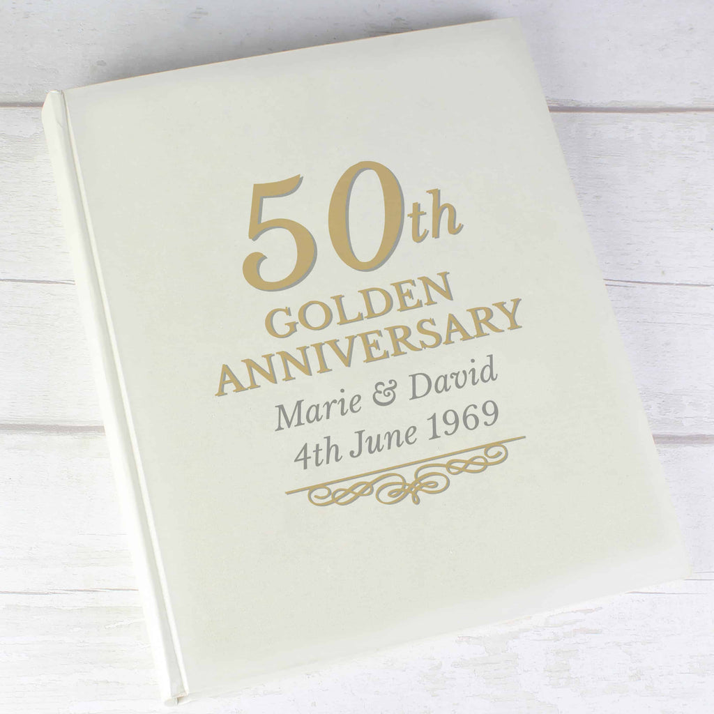 50th wedding anniversary personalised photo album. gold writing on the front and can be personalised over 2 lines. 