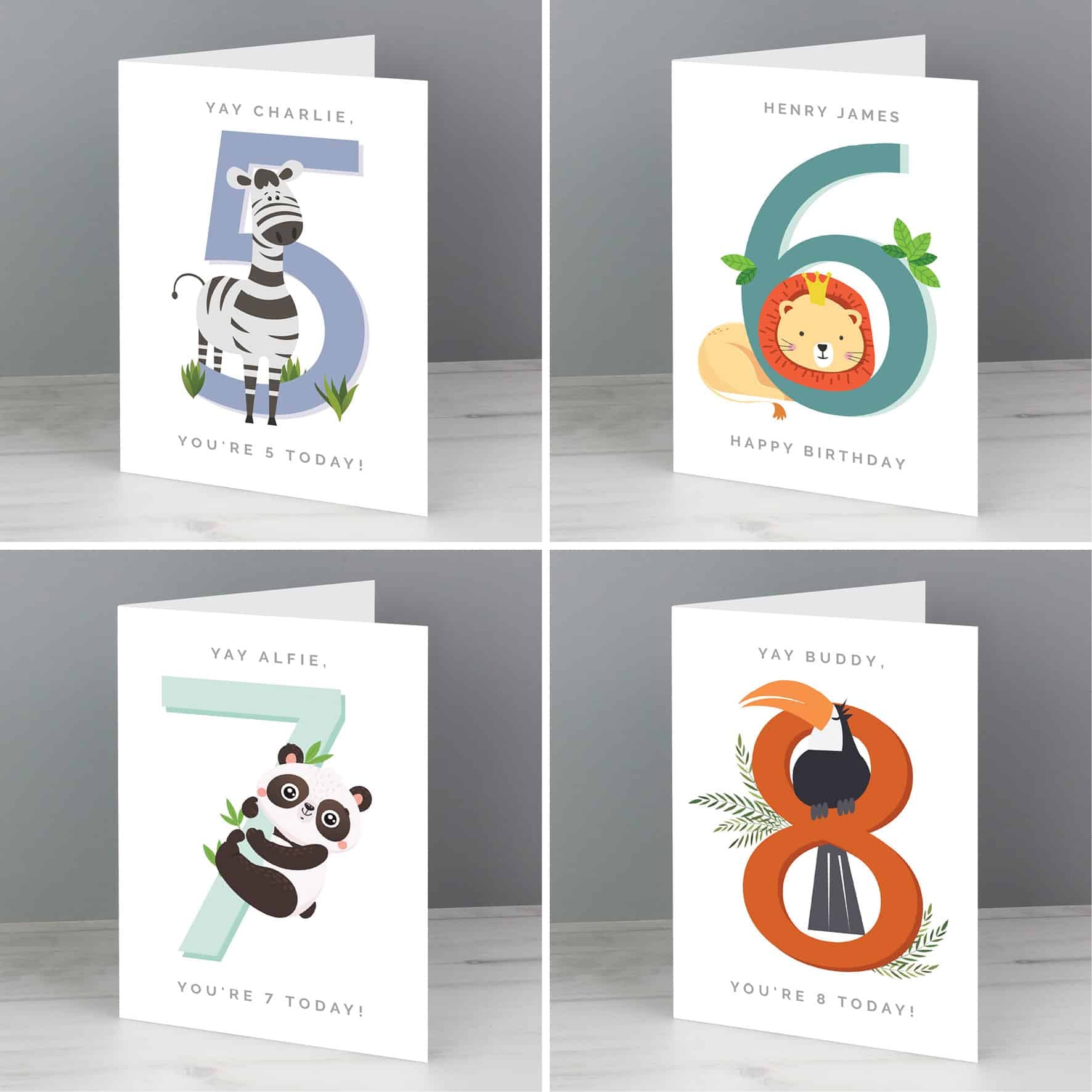 any age animal birthday card. Personalised card from CalEli Gifts.