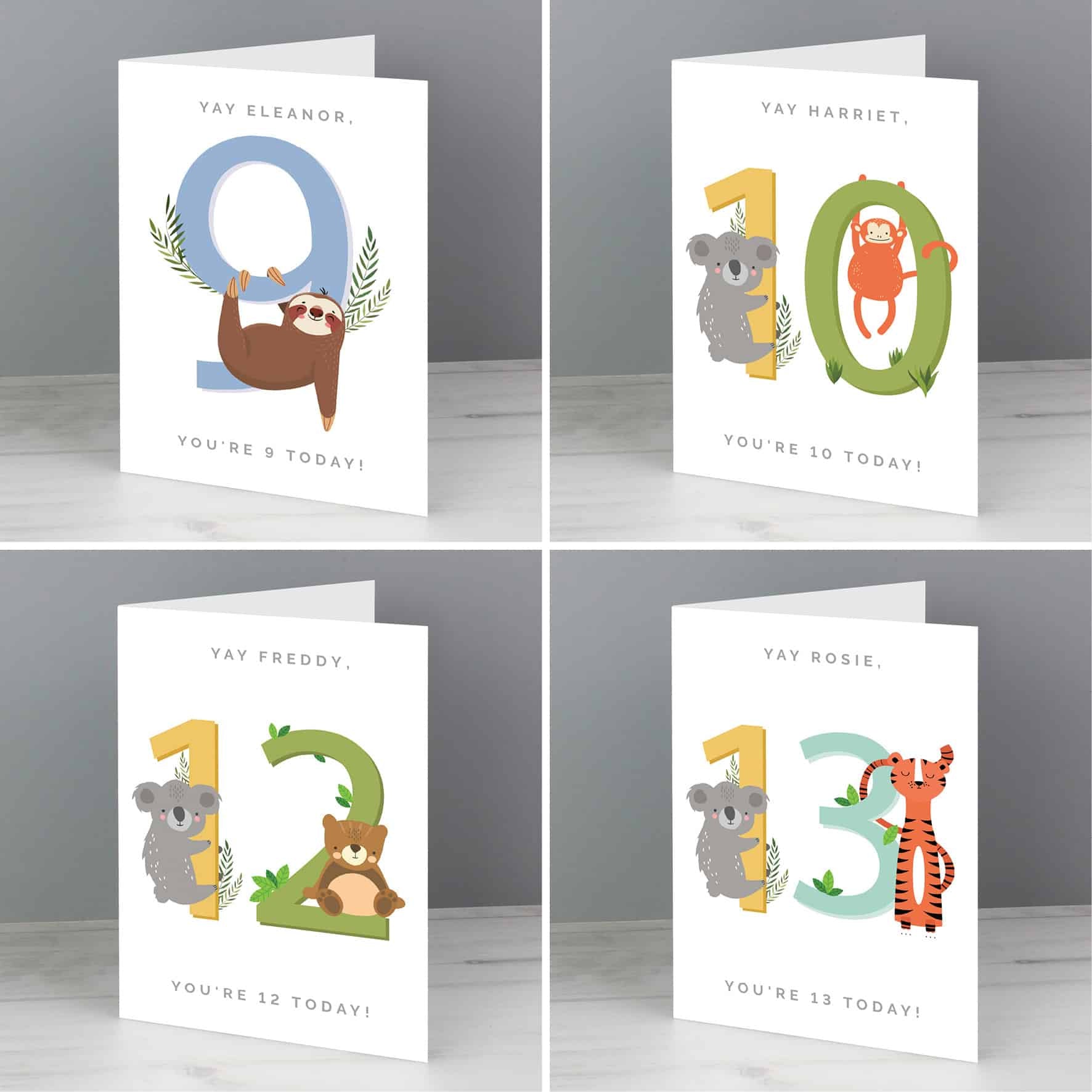 any age animal birthday card. Personalised card from CalEli Gifts.
