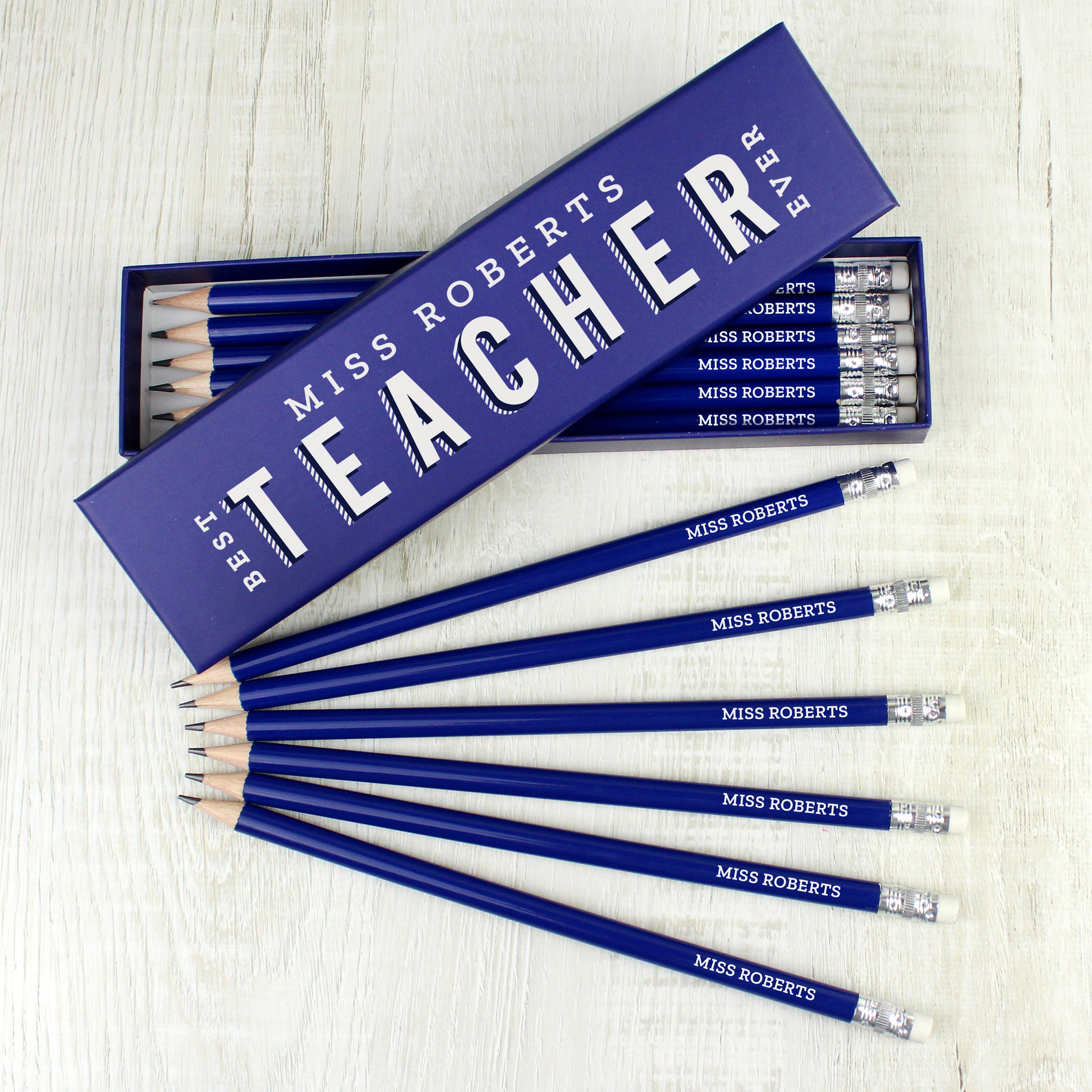 personalised best teacher ever pencil set contains 12 pencils with erasers, available in pink in or blue. Teacher keepsake gift