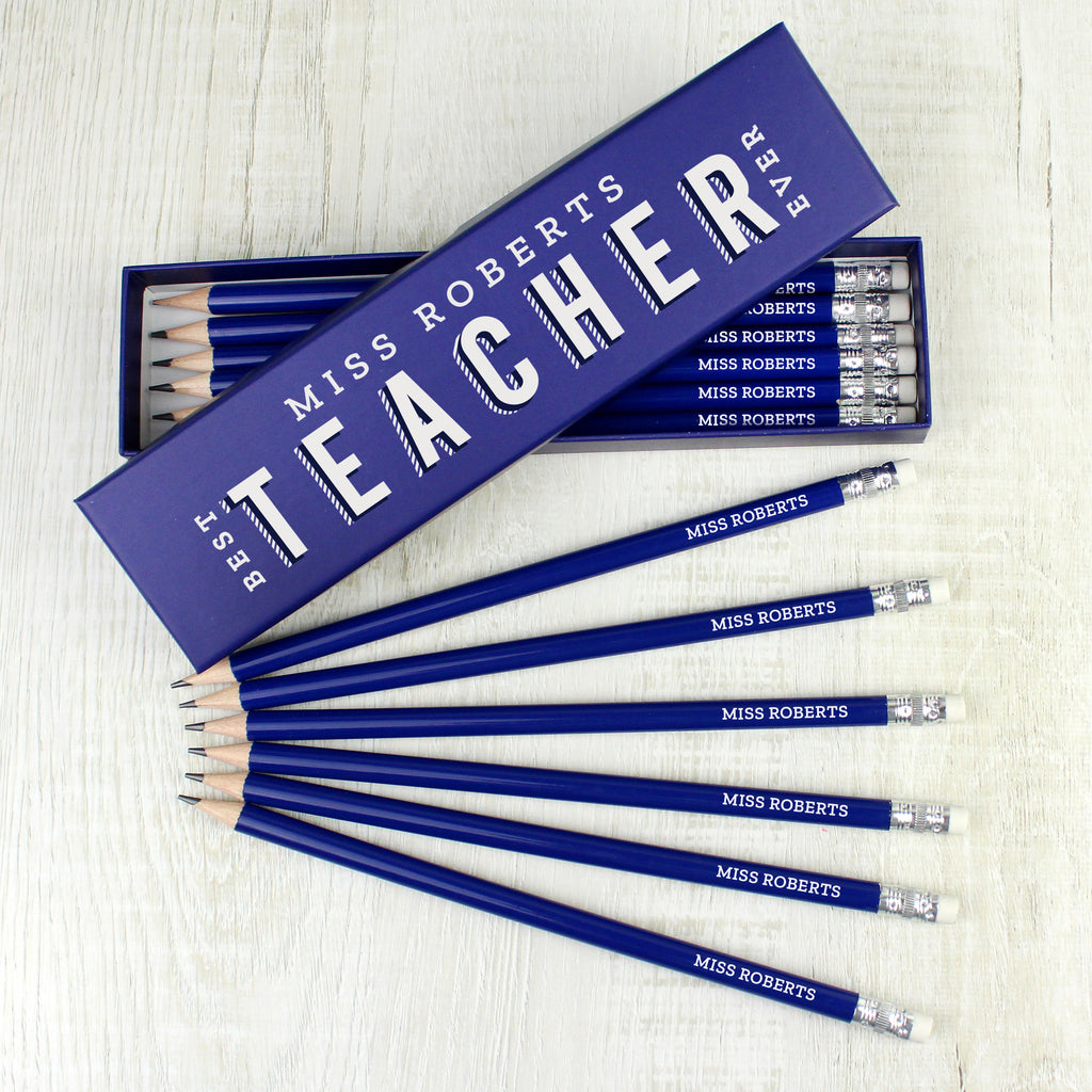 personalised best teacher ever pencil set contains 12 pencils with erasers, available in pink in or blue. Teacher keepsake gift