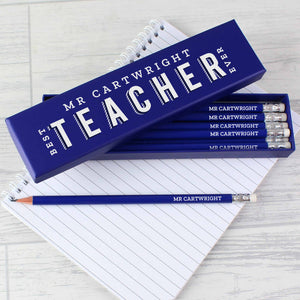 personalised best teacher ever pencil set contains 12 pencils with erasers, available in pink in or blue. Teacher keepsake gift