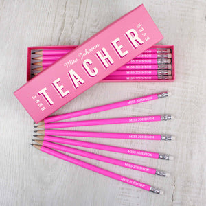 personalised best teacher ever pencil set contains 12 pencils with erasers, available in pink in or blue. Teacher keepsake gift