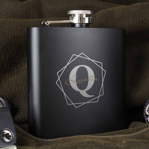 stainless steel black hip flask engraved with an initial and name