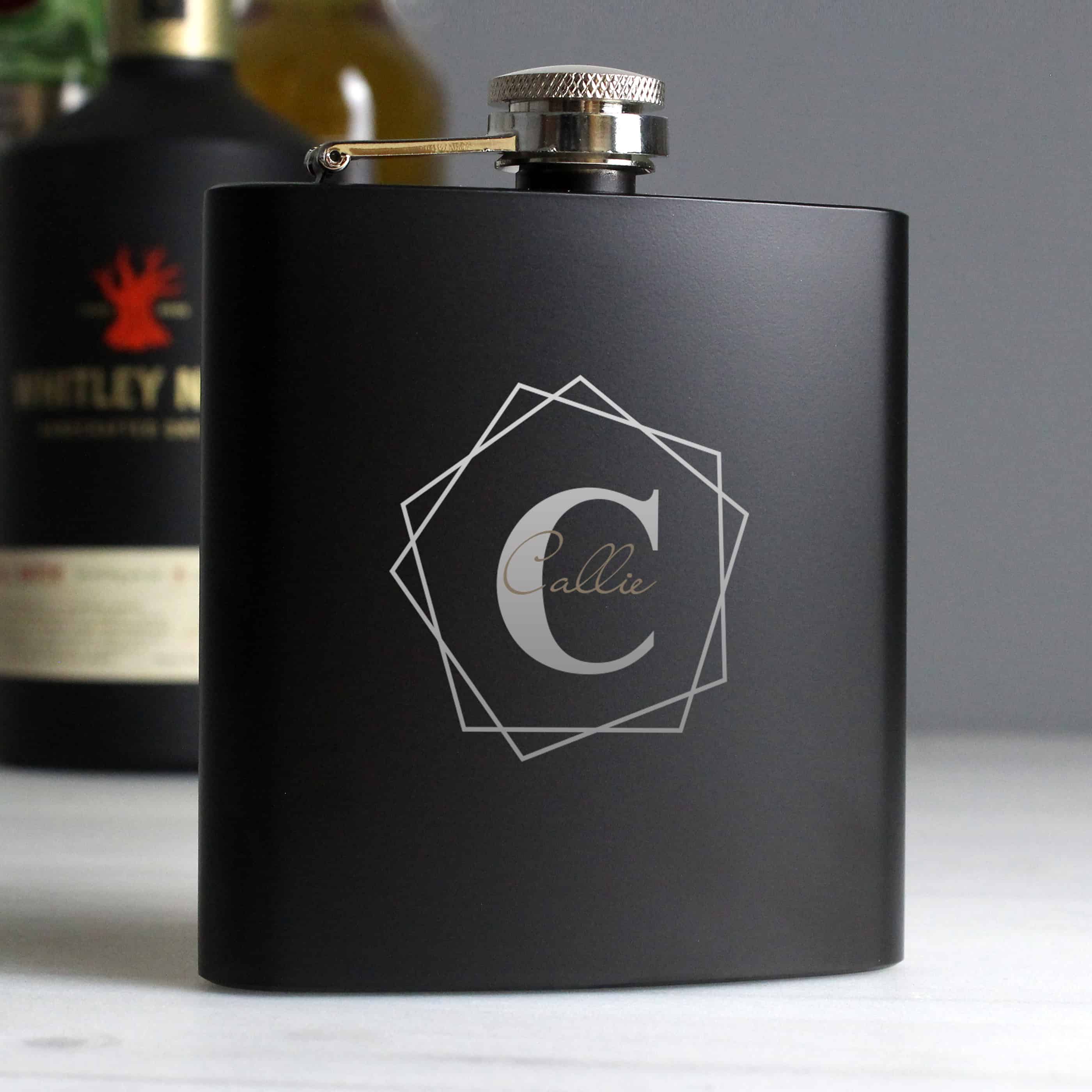 stainless steel black hip flask engraved with an initial and name