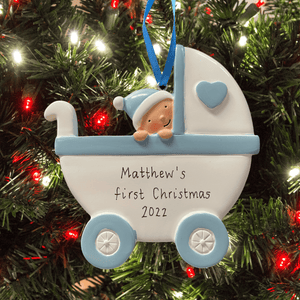 personalised blue pram baby's 1st Christmas tree decoration
