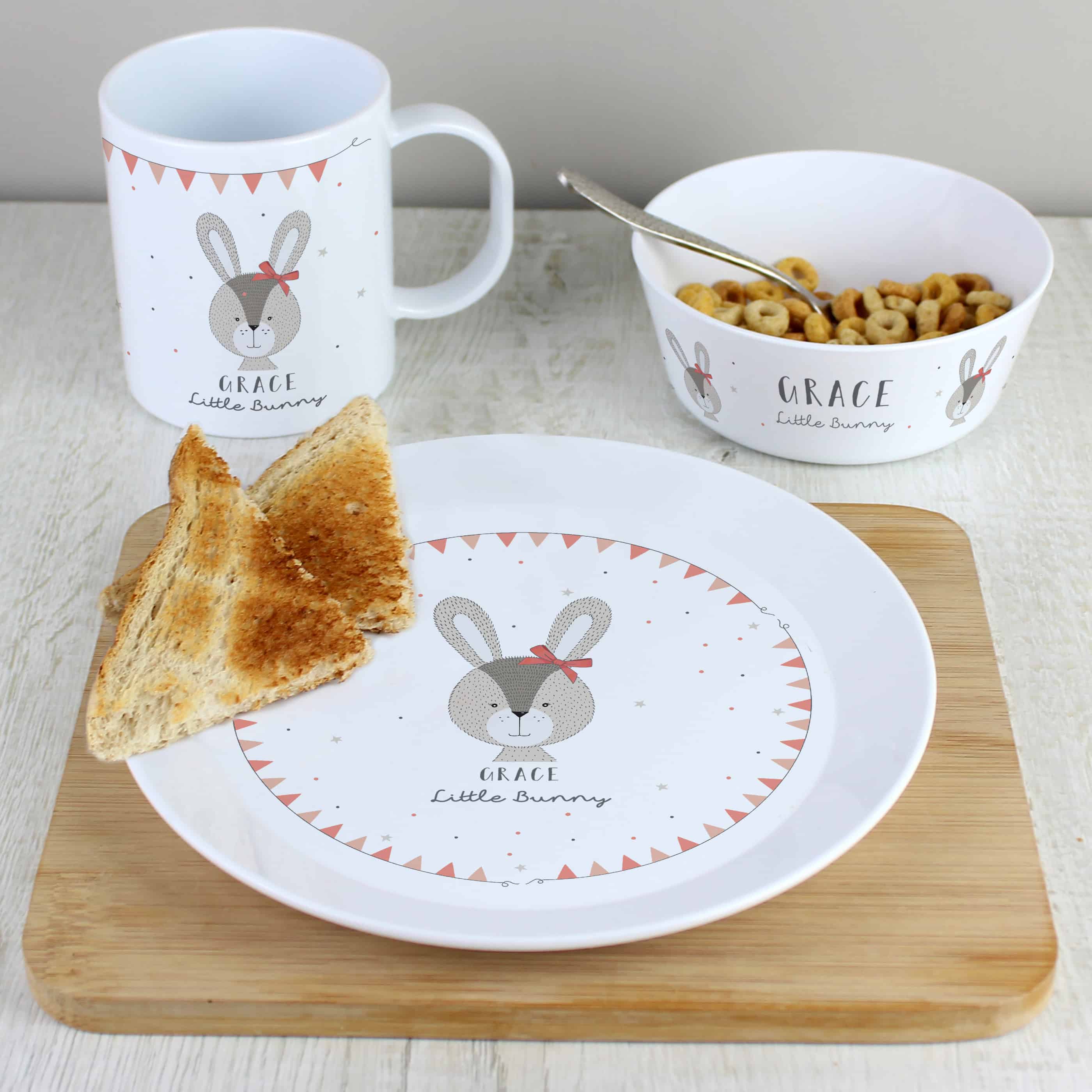 personalised breakfast set includes plate, bowl and mug