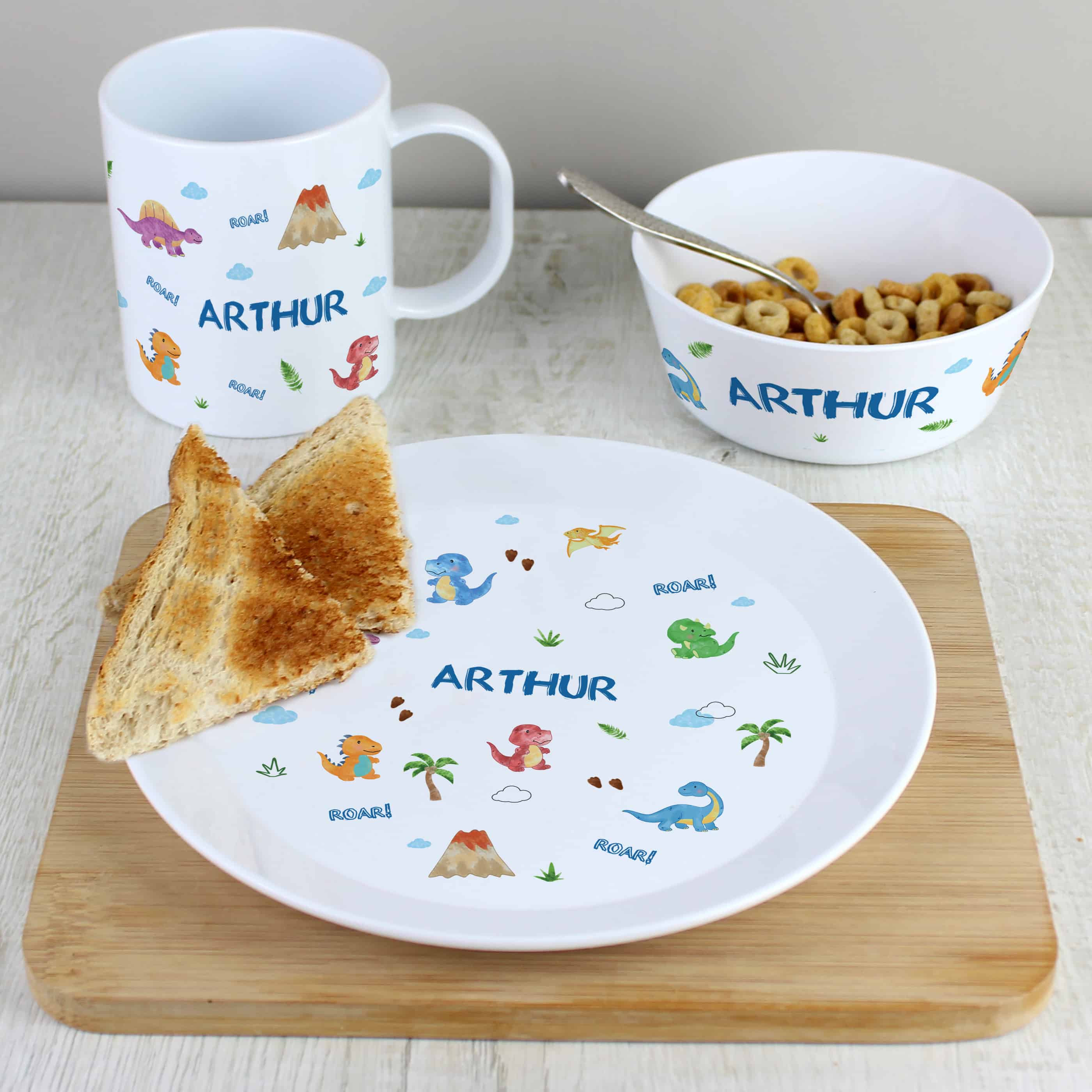 personalised breakfast set includes plate, bowl and mug