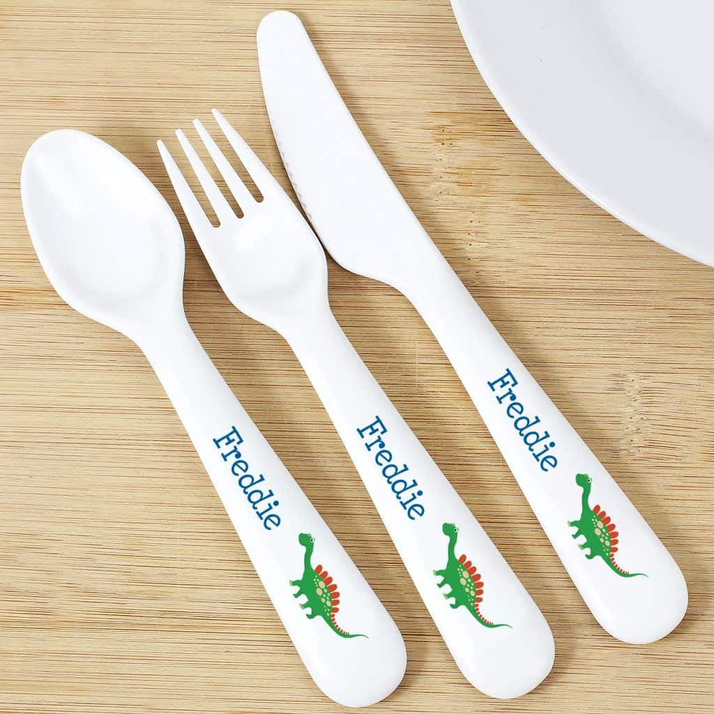 plastic dinosaur cutlery set. can be personalised with any name.