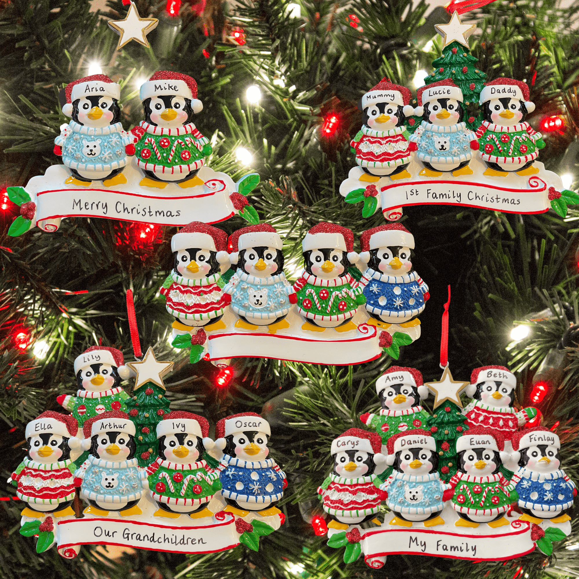 personalised penguin family Christmas tree decoration
