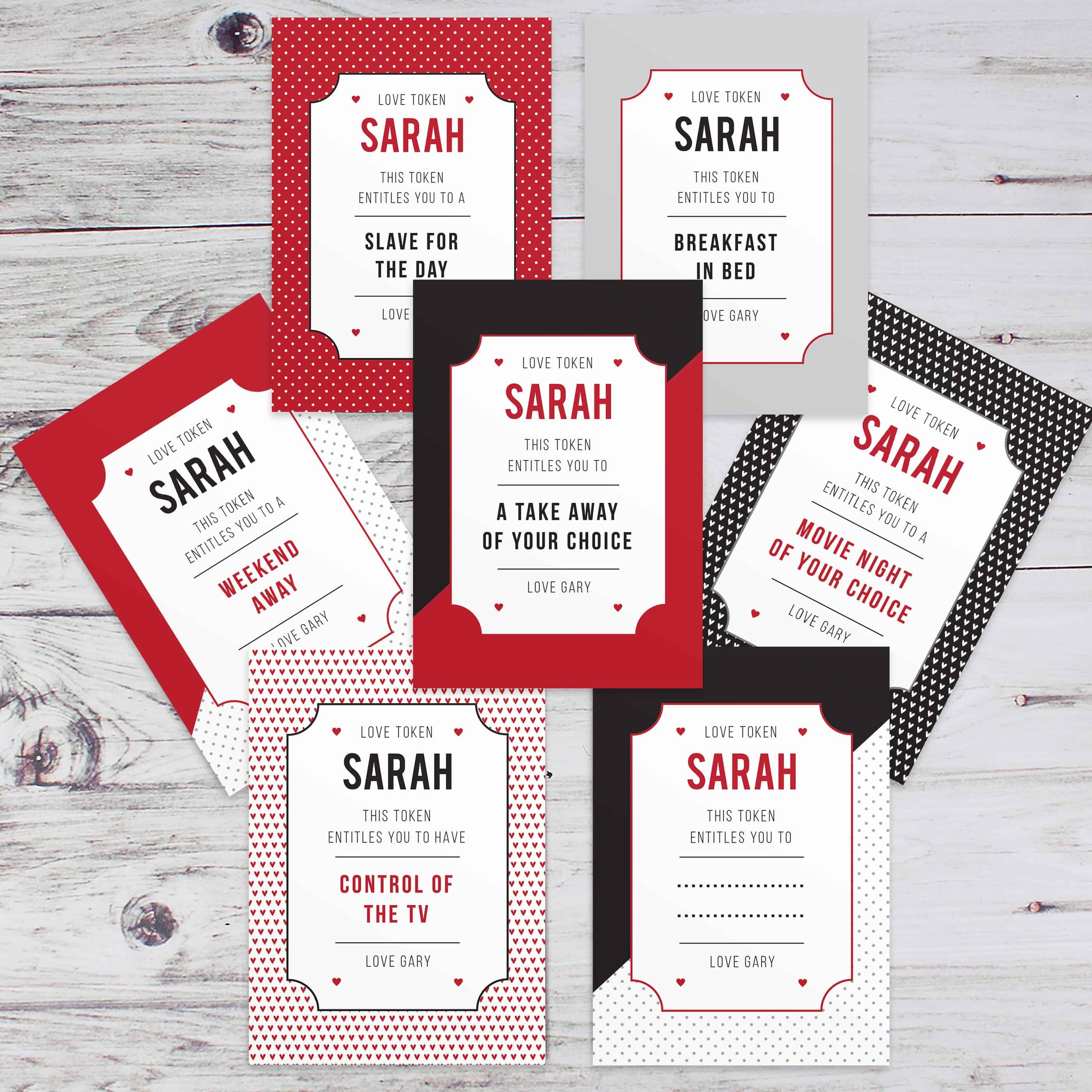 personalised love tokens. A pack of 24 cards that feature naughty and nice treats!
