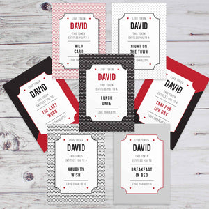 personalised love tokens. A pack of 24 cards that feature naughty and nice treats!
