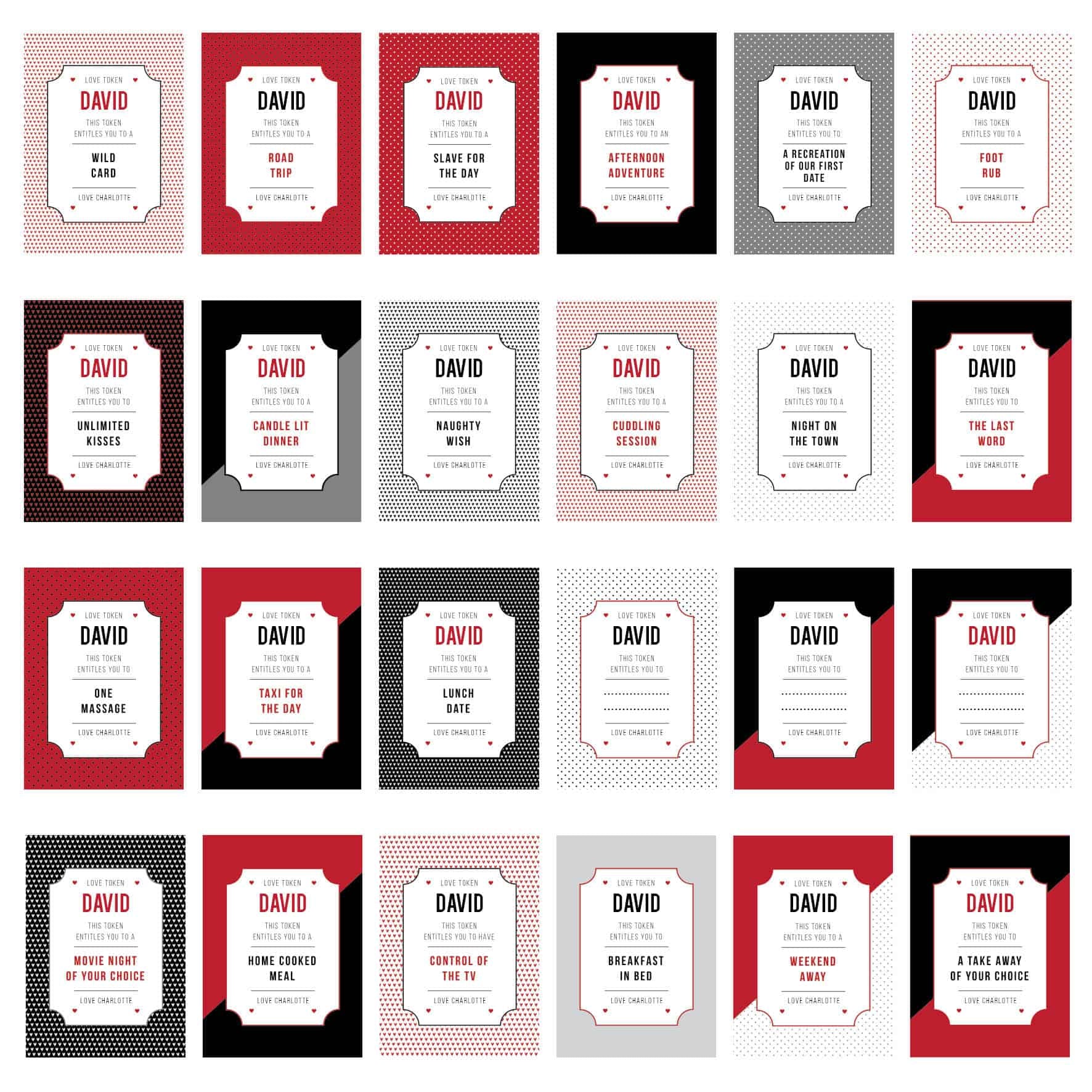 personalised love tokens. A pack of 24 cards that feature naughty and nice treats!