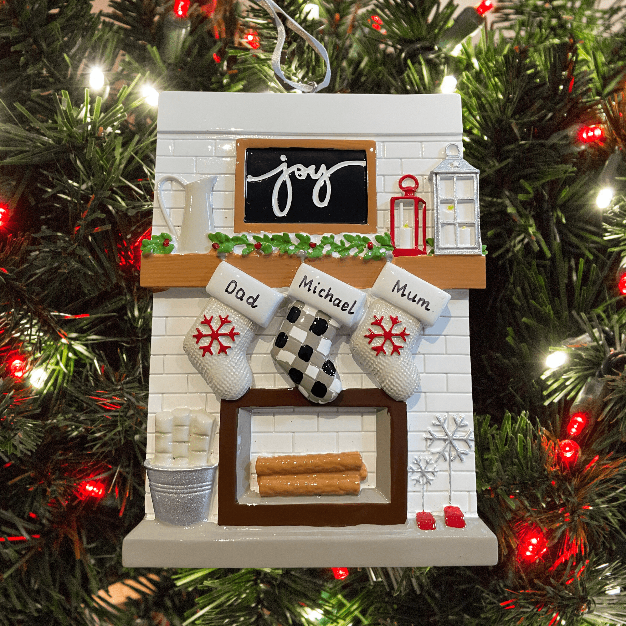 personalised stockings on mantle tree decoration