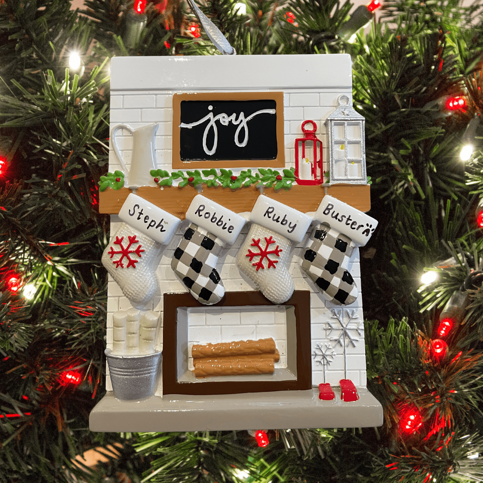 personalised stockings on mantle tree decoration
