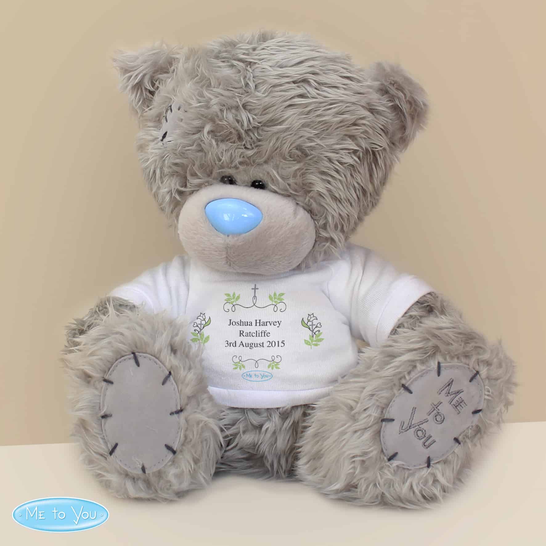Me To You Religious Teddy Bear. Any message over 3 lines can be personalised on the teddy's white t-shirt. A great keepsake gift for a christening, baptism, holy communion, wedding etc from CalEli Gifts.
