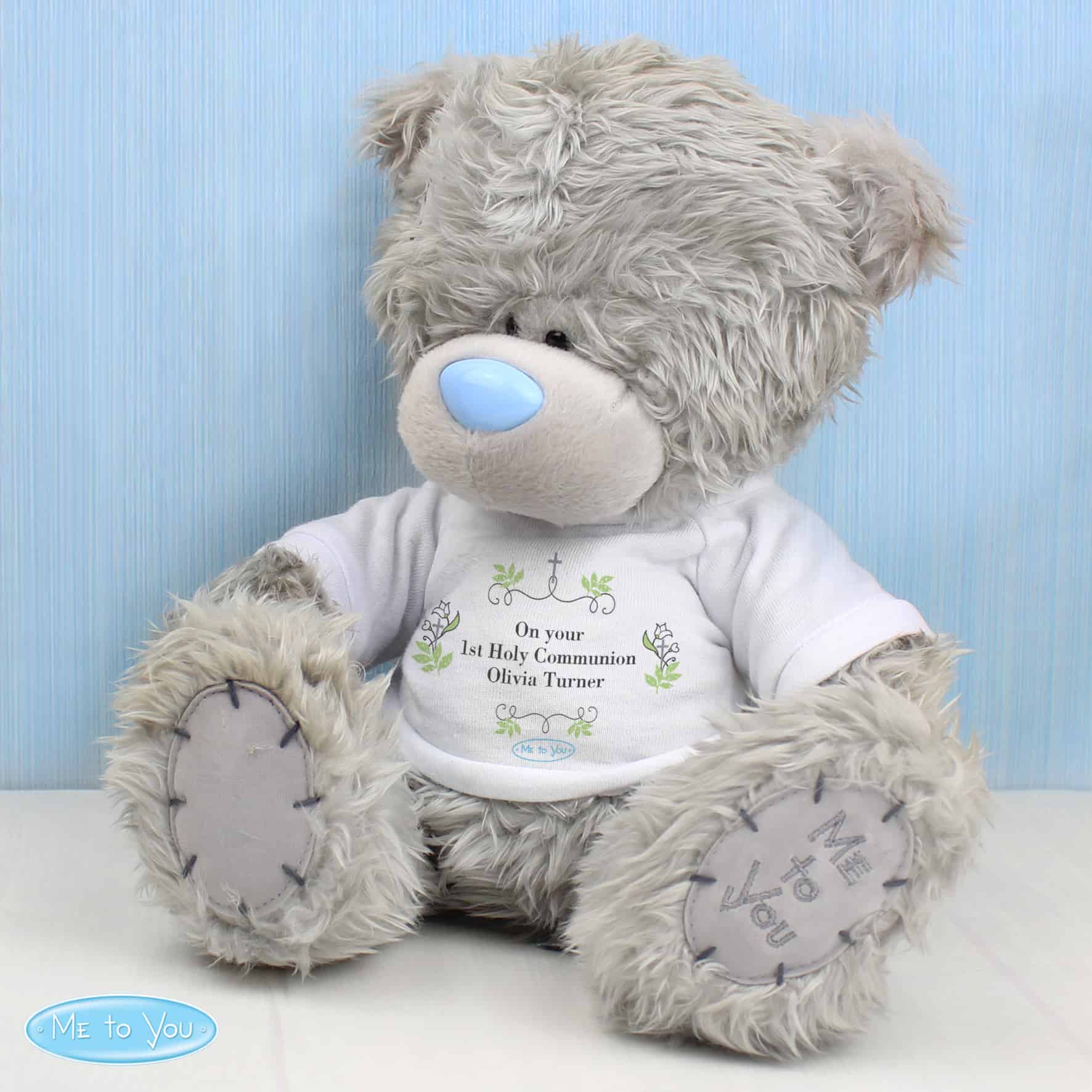 Me To You Religious Teddy Bear. Any message over 3 lines can be personalised on the teddy's white t-shirt. A great keepsake gift for a christening, baptism, holy communion, wedding etc from CalEli Gifts.