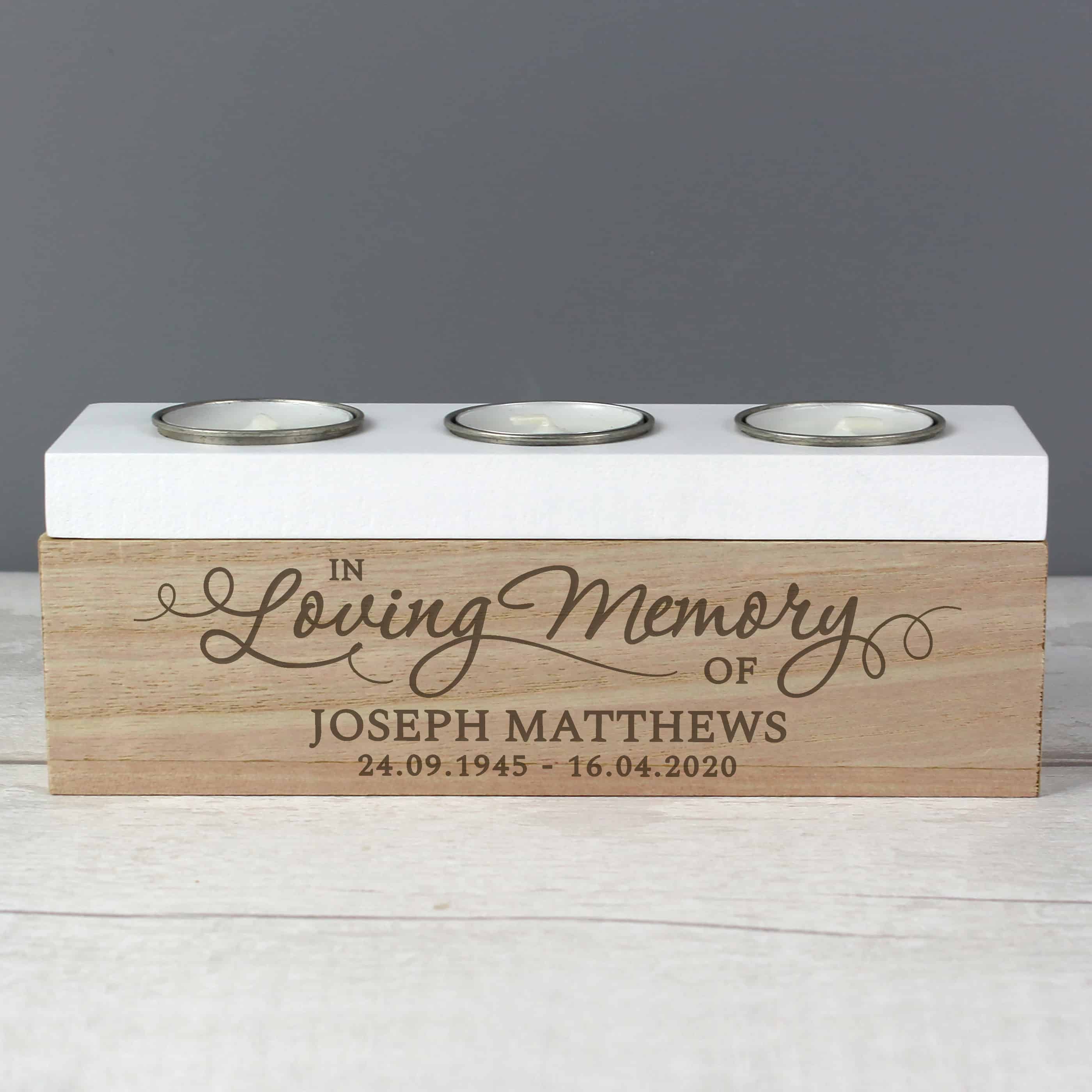 Memory Tealight holder. A wooden tealight box that can be personalised with any message over 2 lines. The lid on the box can hold 3 tealights. A lovely gift to remember someone who is no longer with you.