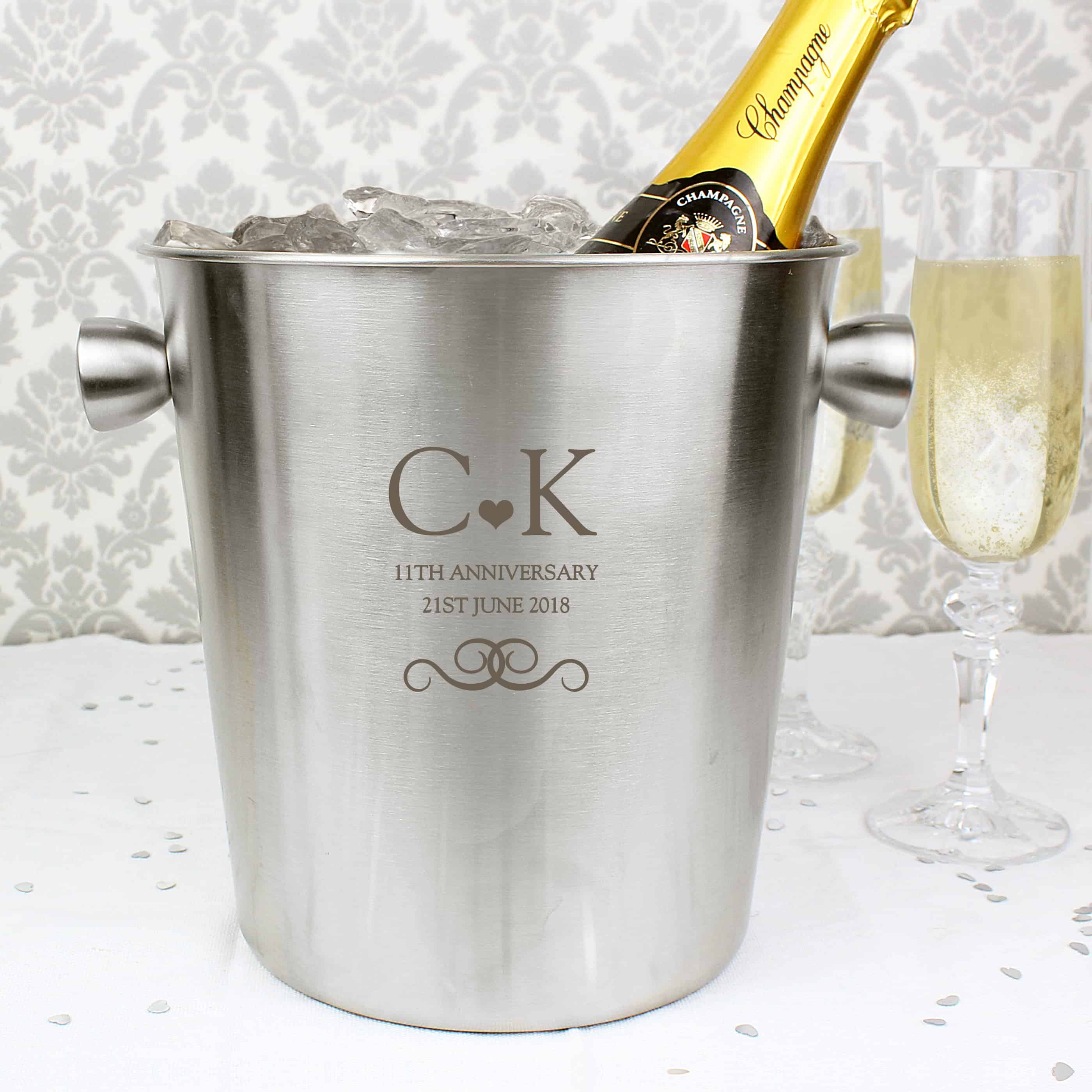 monogram ice bucket engraved with initials and a short message