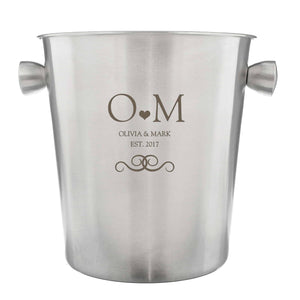 monogram ice bucket engraved with initials and a short message