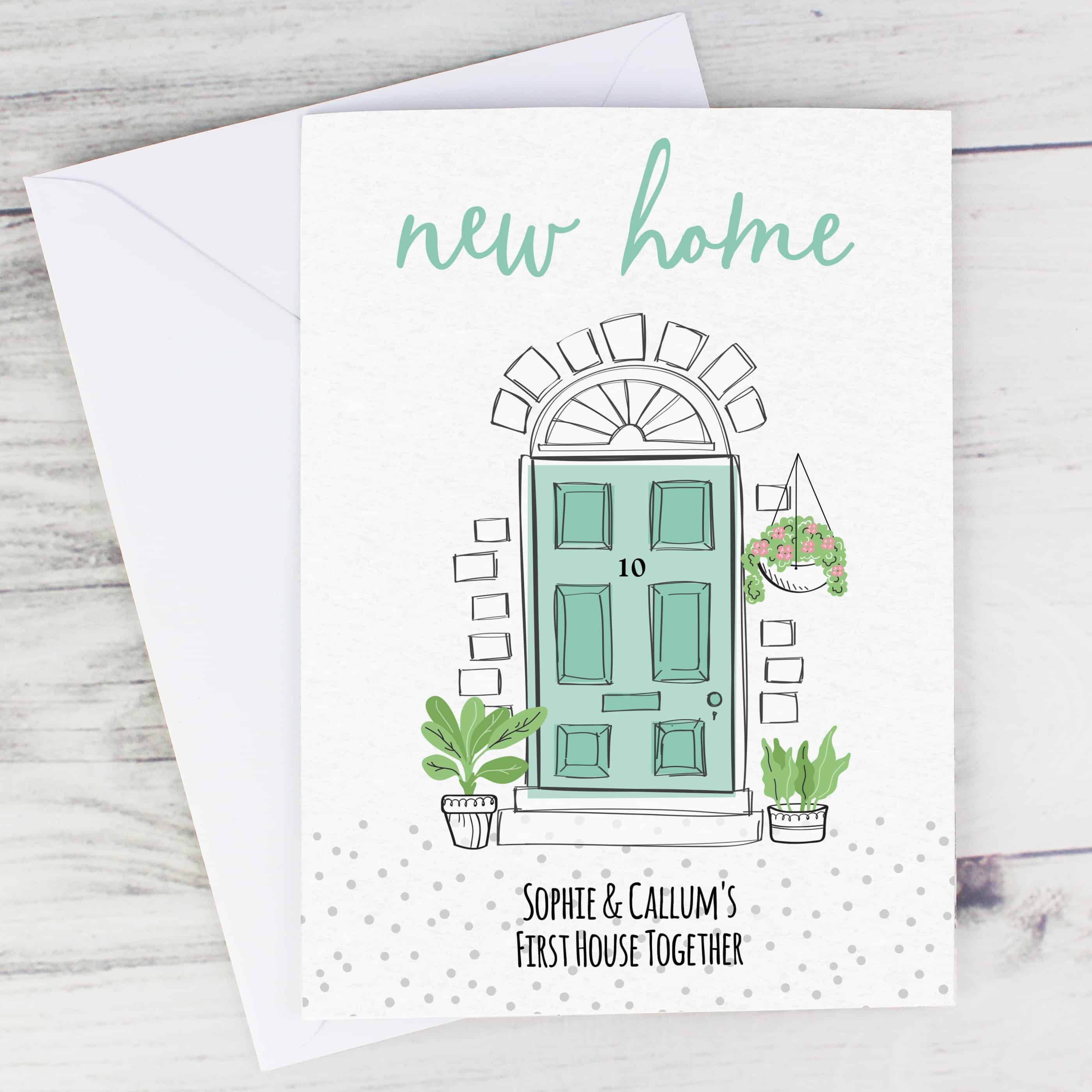 personalised new home card from CalEli Gifts. Can be personalised on the front with a house number and message and personalised inside too.