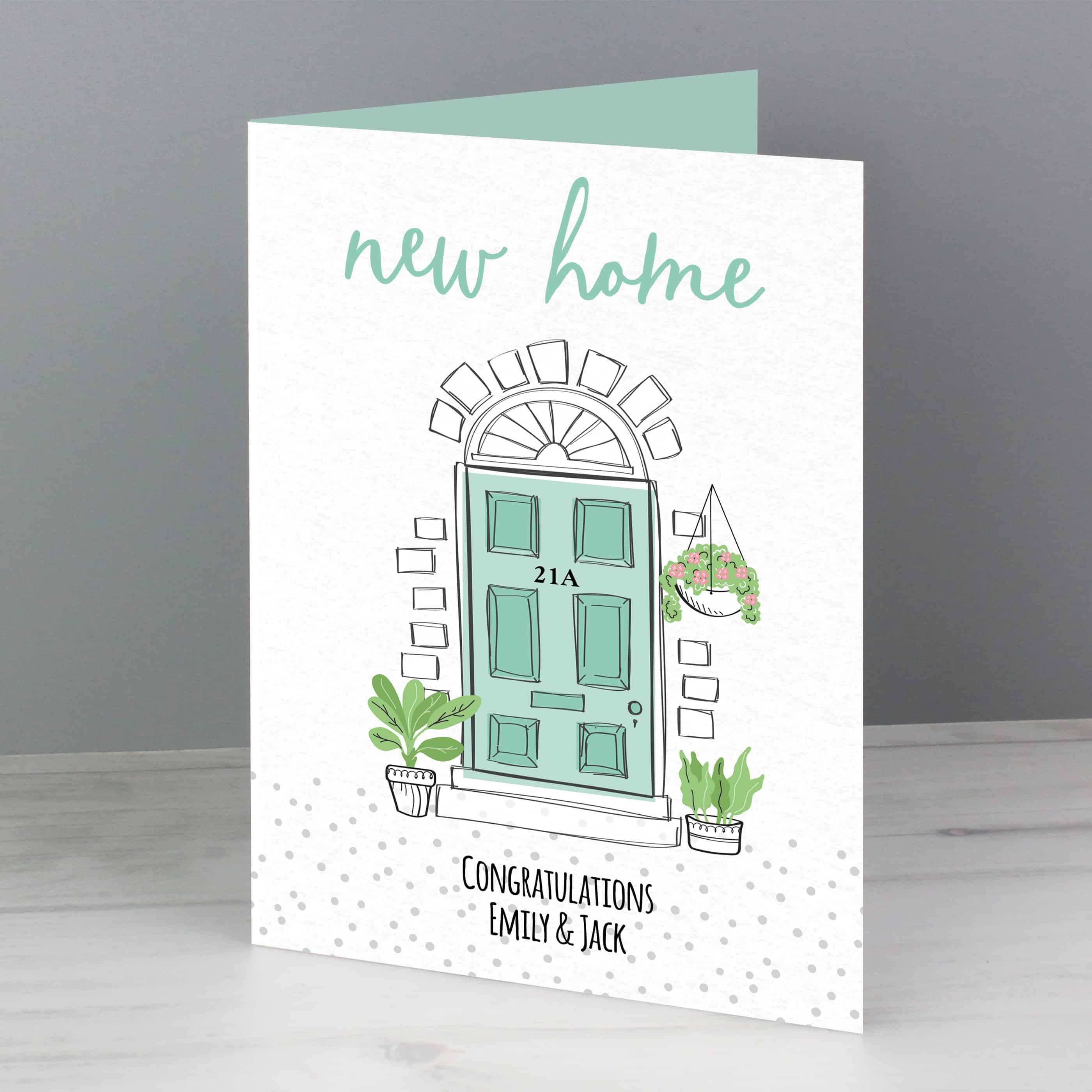 personalised new home card from CalEli Gifts. Can be personalised on the front with a house number and message and personalised inside too.