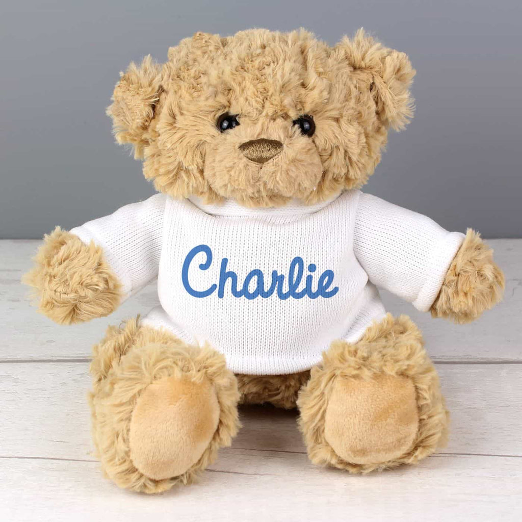 personalised baby teddy with pink, blue or grey writing
