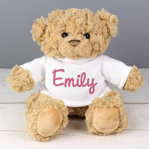 personalised baby teddy with pink, blue or grey writing