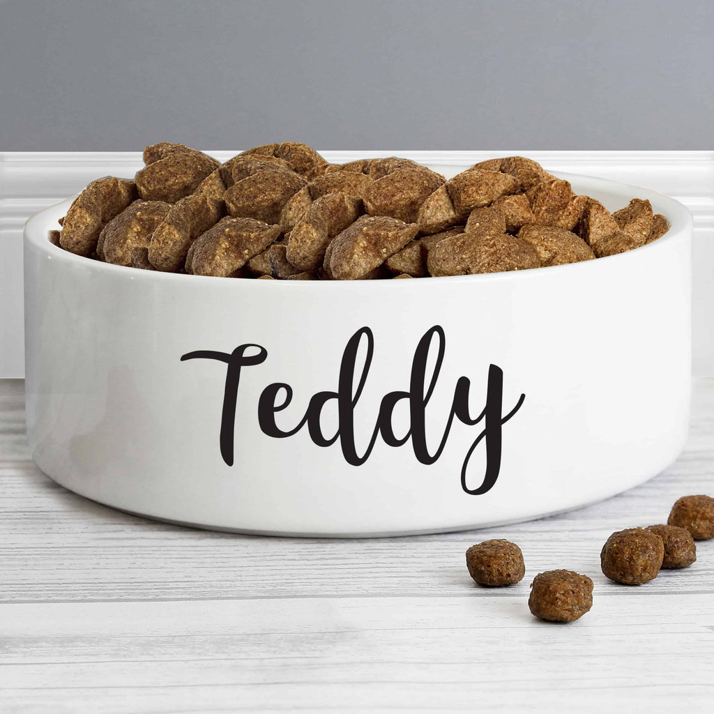 pet bowl. a white bowl available in 2 sizes that can have your pet's name personalised on it for free. a great gift for a dog's christmas, new pet, pet birthday etc