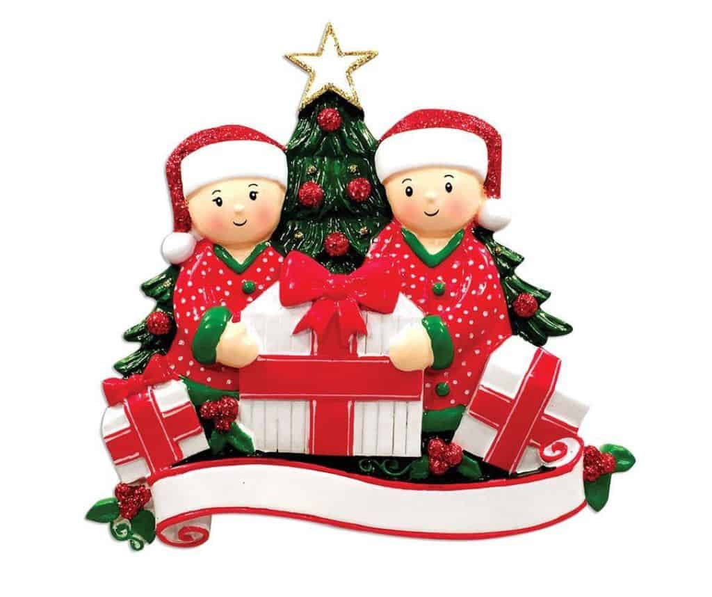 present opening personalised christmas tree decoration