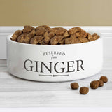 Reserved for...Pet bowl. a white cermaic pet bowl that can have any name personalised on it for a unique gift for a pet from Edinburgh Gift Company, CalEli Gifts.