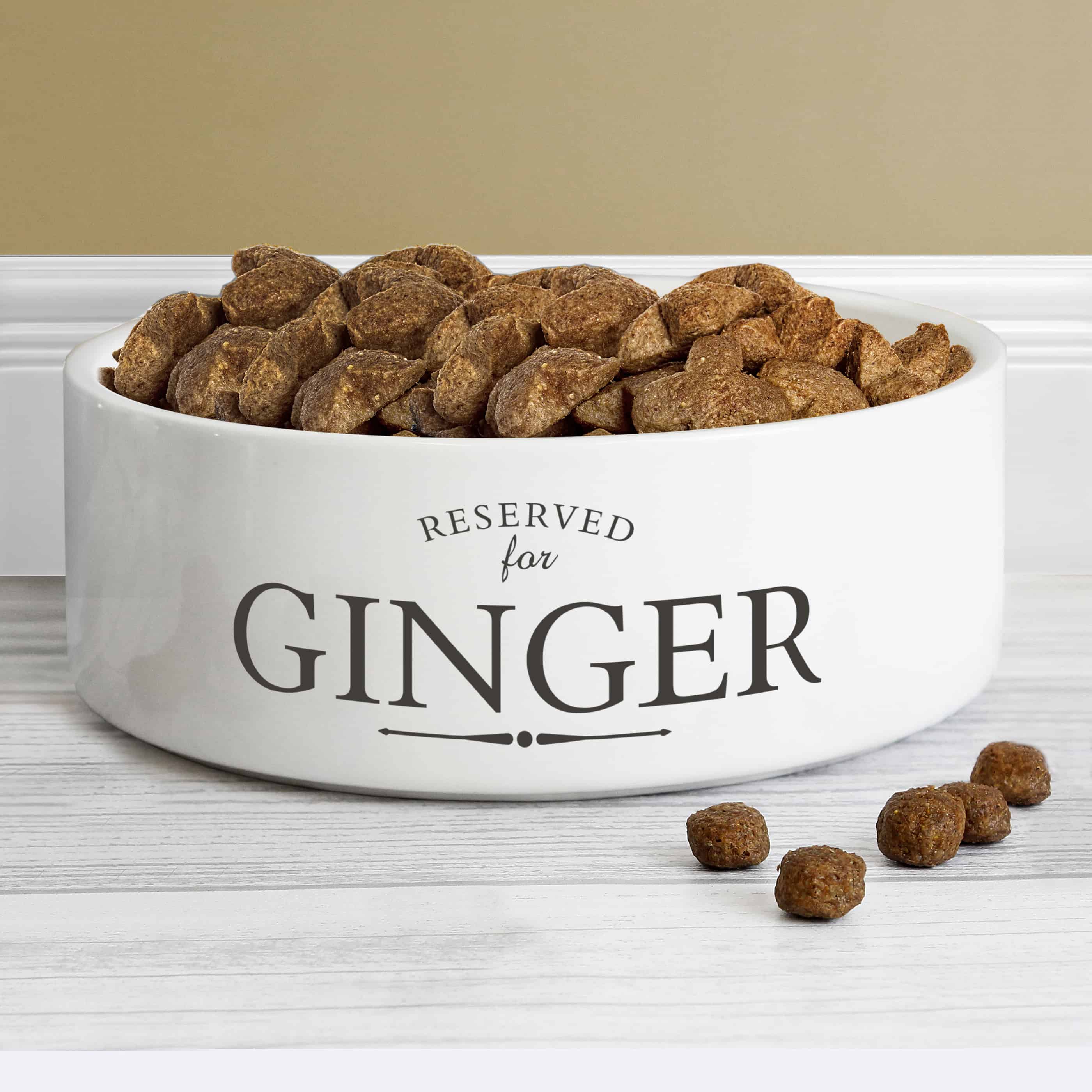 Reserved for...Pet bowl. a white cermaic pet bowl that can have any name personalised on it for a unique gift for a pet from Edinburgh Gift Company, CalEli Gifts.