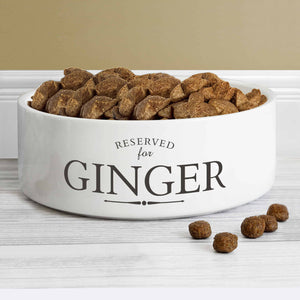 Reserved for...Pet bowl. a white cermaic pet bowl that can have any name personalised on it for a unique gift for a pet from Edinburgh Gift Company, CalEli Gifts.