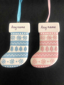 personalised stocking tree decoration in pink or blue