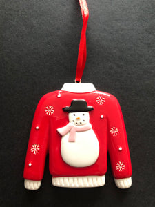 personalised christmas tree decoration snowman with blue jumper