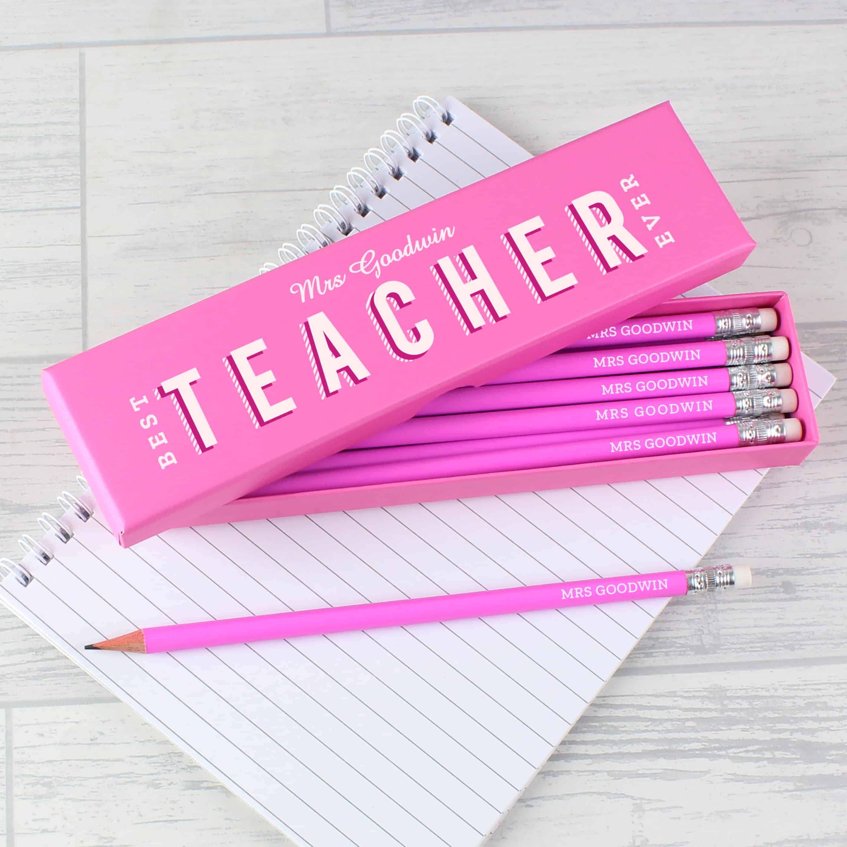 personalised best teacher ever pencil set contains 12 pencils with erasers, available in pink in or blue. Teacher keepsake gift